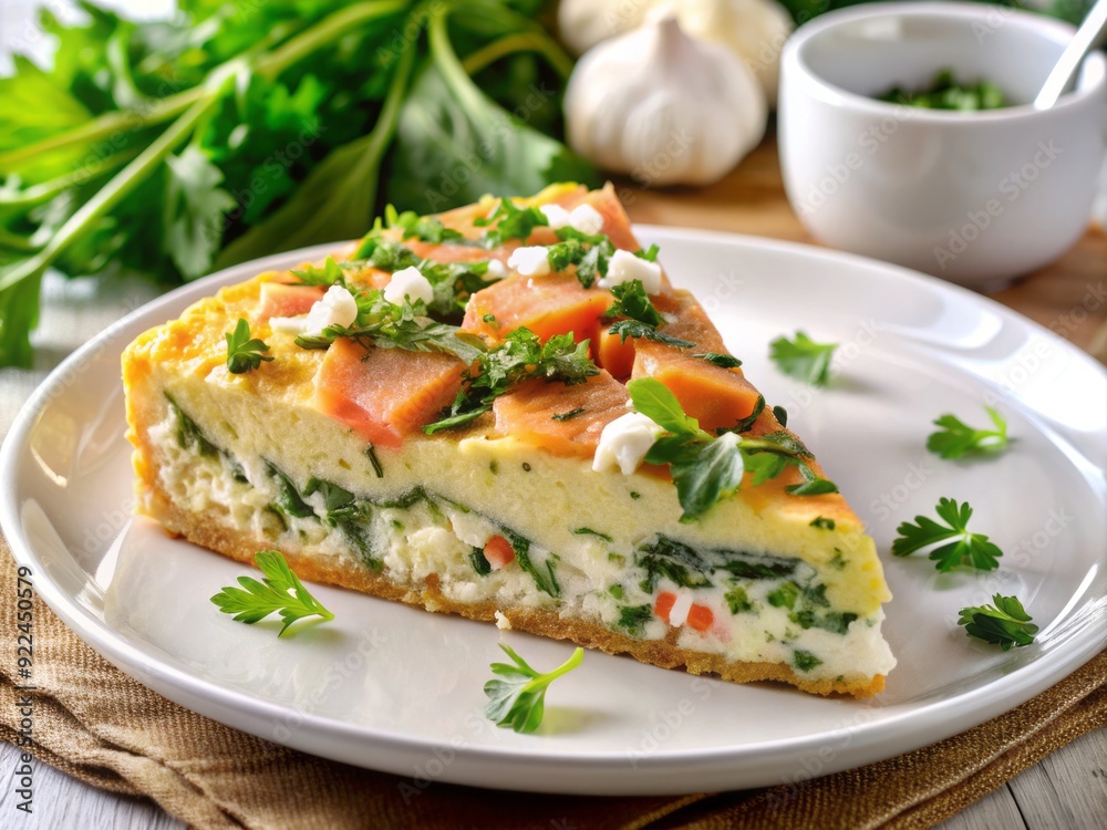 Vibrant breakfast dish featuring a slice of savory salmon and spinach frittata topped with crumbled feta cheese, garnished with fresh parsley on a white plate. Vibrant breakfast dish featuring a slice of savory salmon and spinach frittata topped with crumbled feta cheese, garnished with fresh parsley on a white plate.