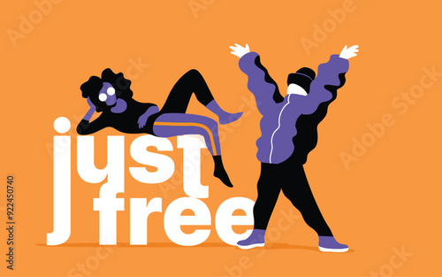 Illustration of two happy and relaxed young adults on just free sign