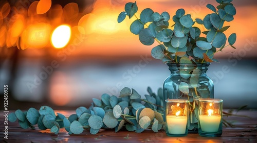 Dining table with eucalyptus branches in vase near light wall   photo