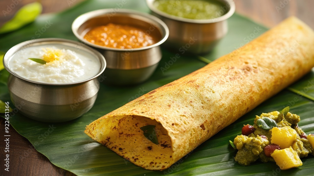 South Indian Dosa with Chutneys: Crispy dosa on a banana leaf with