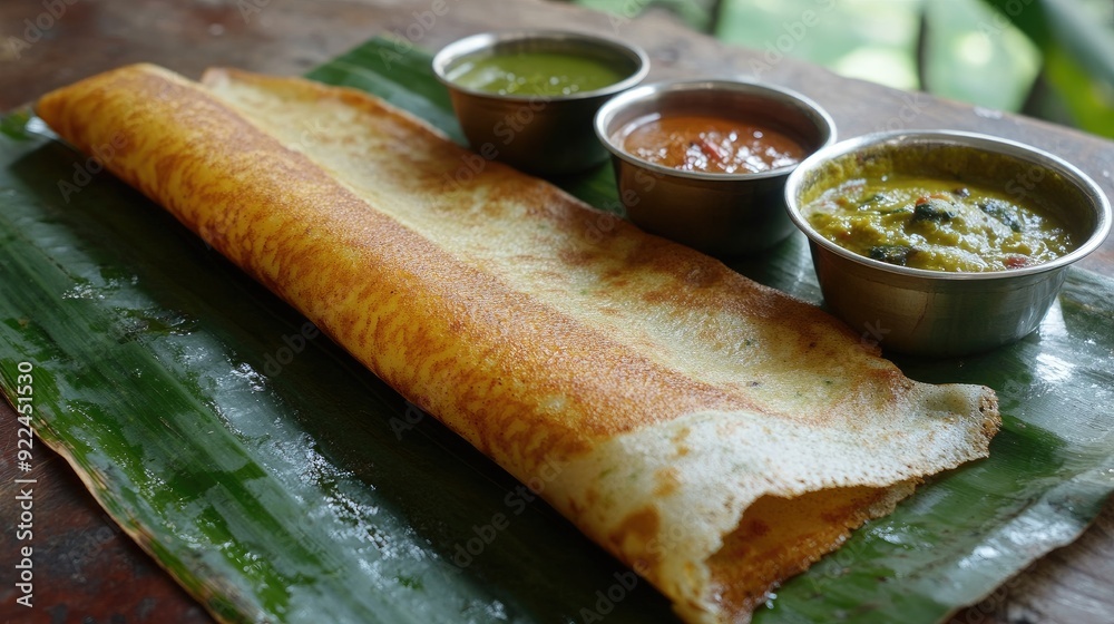 South Indian Dosa with Chutneys: Crispy dosa on a banana leaf with