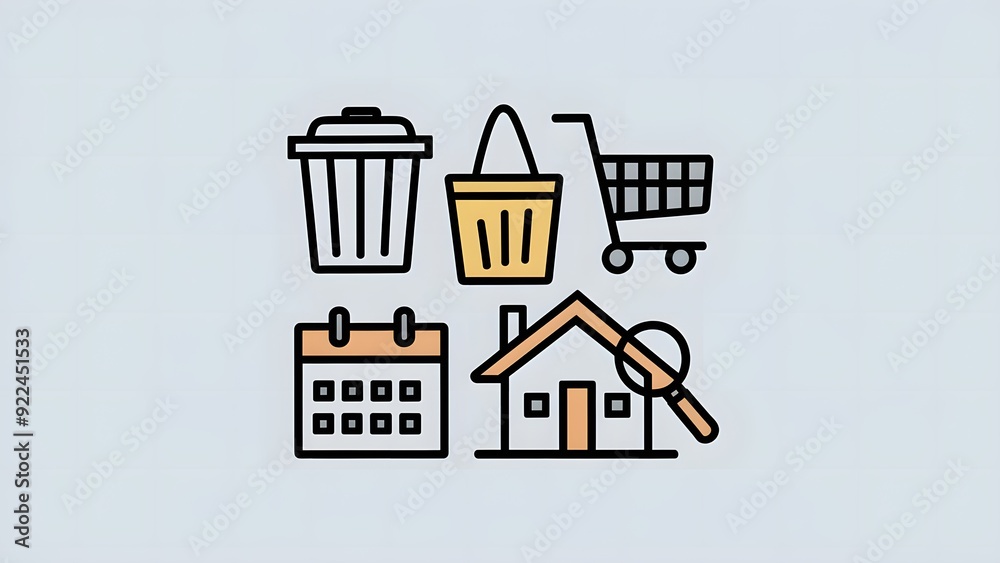 Naklejka premium 2D icons of a wastebasket, shopping cart, house, trolley and magnifying glass separated on a bright red background in a simple black and white design, with vertical and curved lines forming their bodi