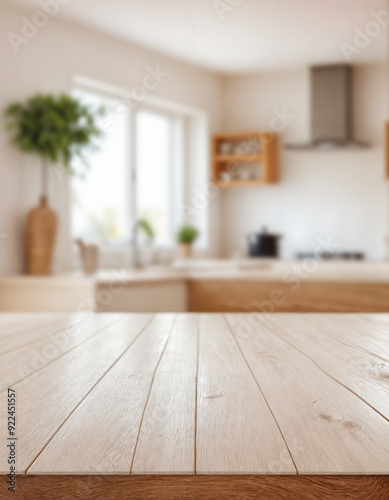 Green Empty wooden table with the bright white interior of the kitchen as a blurred background behind the bokeh golden sunshine