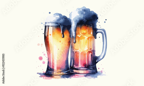 free drink, watercolor mugs of beer, alcohol drinks, hand drawn illustration, watercolor mugs of beer