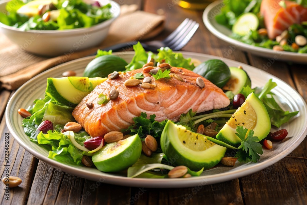 Freshly prepared salmon and avocado salad garnished with crispy toasted almonds, served on a bed of mixed greens, drizzled with a zesty citrus vinaigrette. Freshly prepared salmon and avocado salad garnished with crispy toasted almonds, served on a bed of mixed greens, drizzled with a zesty citrus vinaigrette.