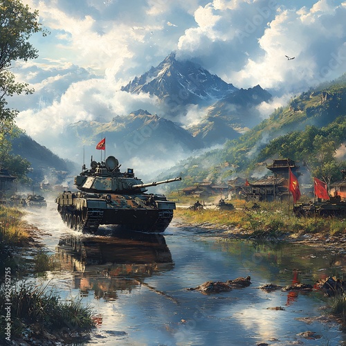 Riverbank Skirmish: A tank engaging in a skirmish near a riverbank, with water reflecting the battle and the landscape in the distance. photo