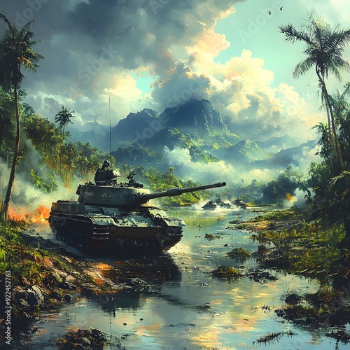 Riverbank Skirmish: A tank engaging in a skirmish near a riverbank, with water reflecting the battle and the landscape in the distance.