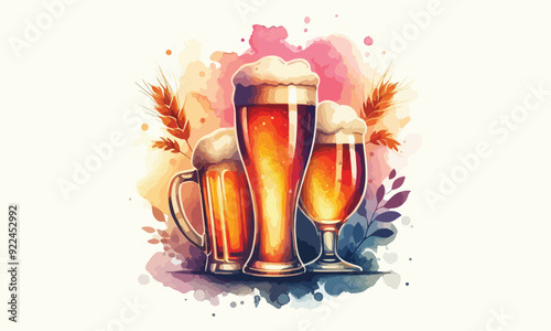 free drink, watercolor mugs of beer, alcohol drinks, hand drawn illustration, watercolor mugs of beer