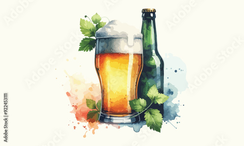 free drink, watercolor mugs of beer, alcohol drinks, hand drawn illustration, watercolor mugs of beer