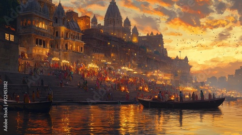 Varanasi Ghats at Sunset: The ghats of Varanasi with people performing evening aarti rituals by the Ganges River, illustrating the spiritual heart of India.
