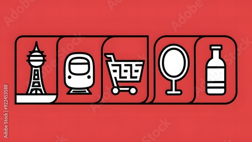Wallpaper Mural 2D icons of a tower, a high-speed train, a shopping cart, a mirror and a bottle separated on a bright red background in a simple black and white design, with vertical and curved lines forming their bo Torontodigital.ca
