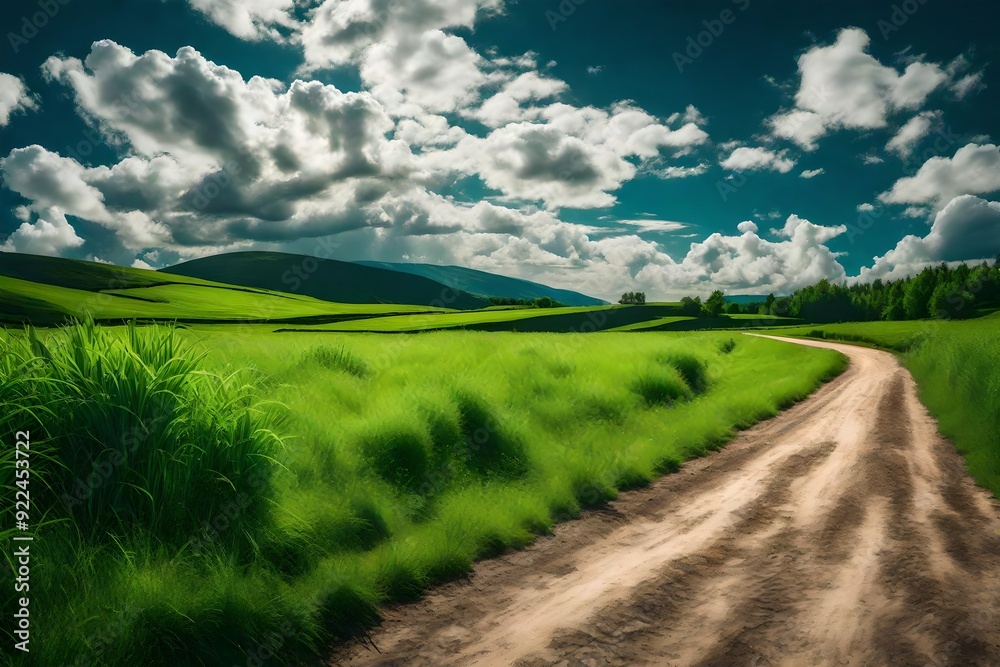 Fototapeta premium feild with green grass and cloudy sky
