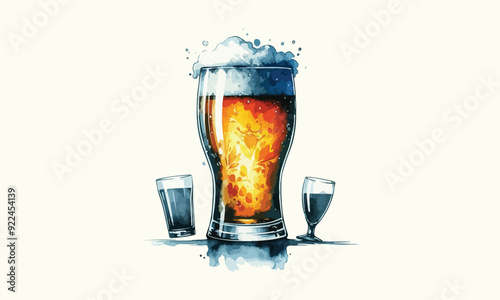 free drink, watercolor mugs of beer, alcohol drinks, hand drawn illustration, watercolor mugs of beer