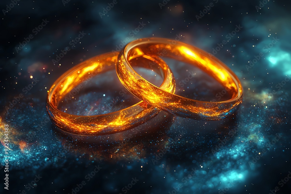 Two golden rings intertwine, a 3D symbol of eternal love and unity Two golden rings intertwine, a 3D symbol of eternal love and unity