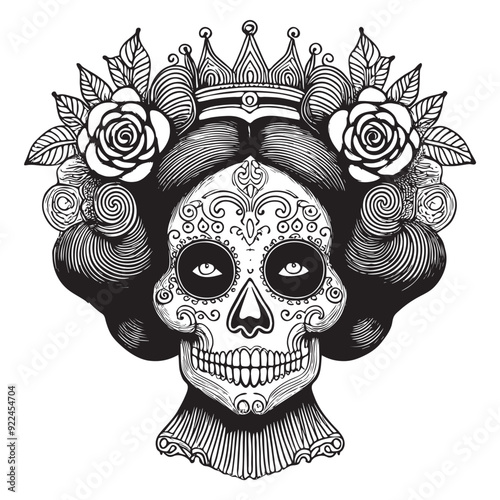 Calavera queen with ornate crown and roses in vintage filigree style for Halloween and Day of the Dead