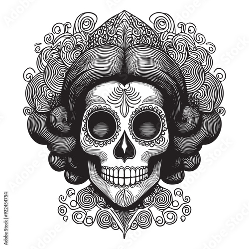 Calavera Queen skull with crown and roses in vintage filigree style for Halloween and Día de Muertos