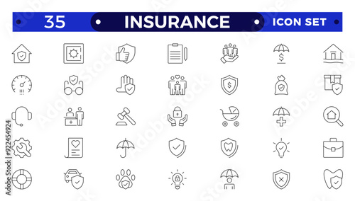 Insurance icon collection. Related to healthcare medical, life, car, home, travel insurance icons.