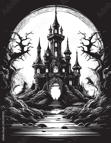 Gothic castle with twisted trees and full moon in the background