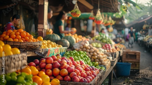 fresh fruit and vegetable market with locals organic produce