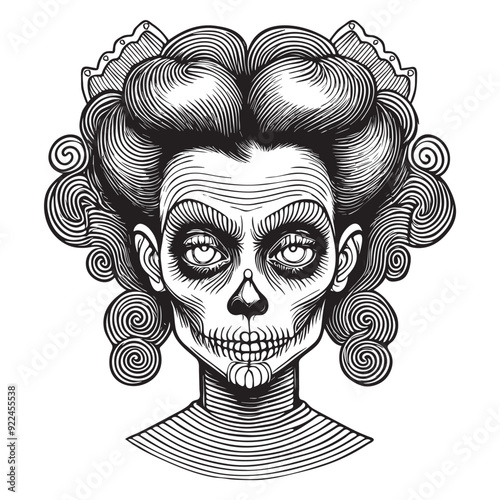 Gothic zombie woman portrait in monochrome, detailed linework and shading