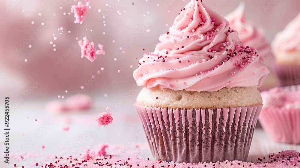   A close-up of a cupcake with pink frosting and sprinkles adorning its peak