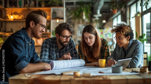 group of engineers discussing blueprints and planning the design