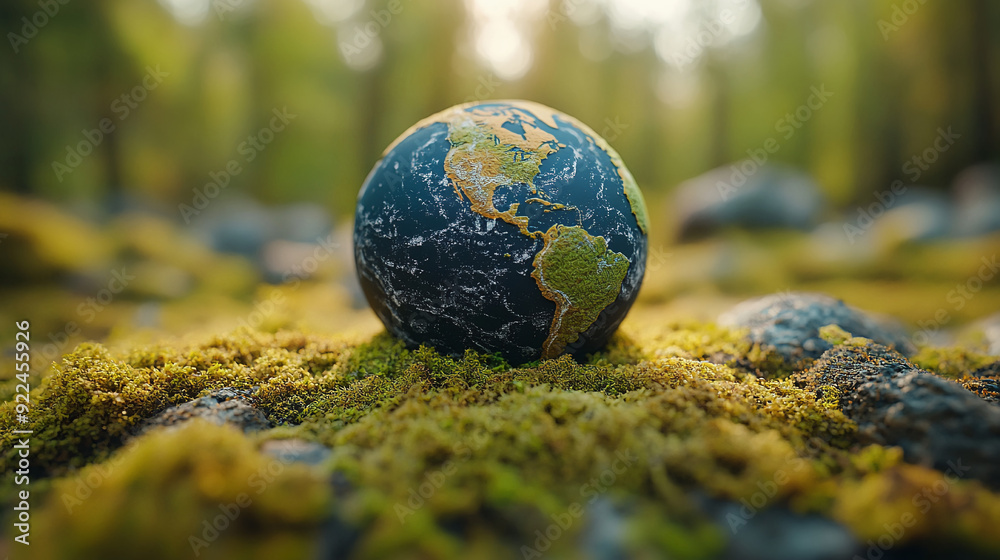 Earth models on moss close-up Earth models on moss close-up