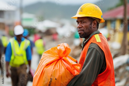 A man in a yellow hard hat and safety vest holds an orange bag in a disaster relief effort.