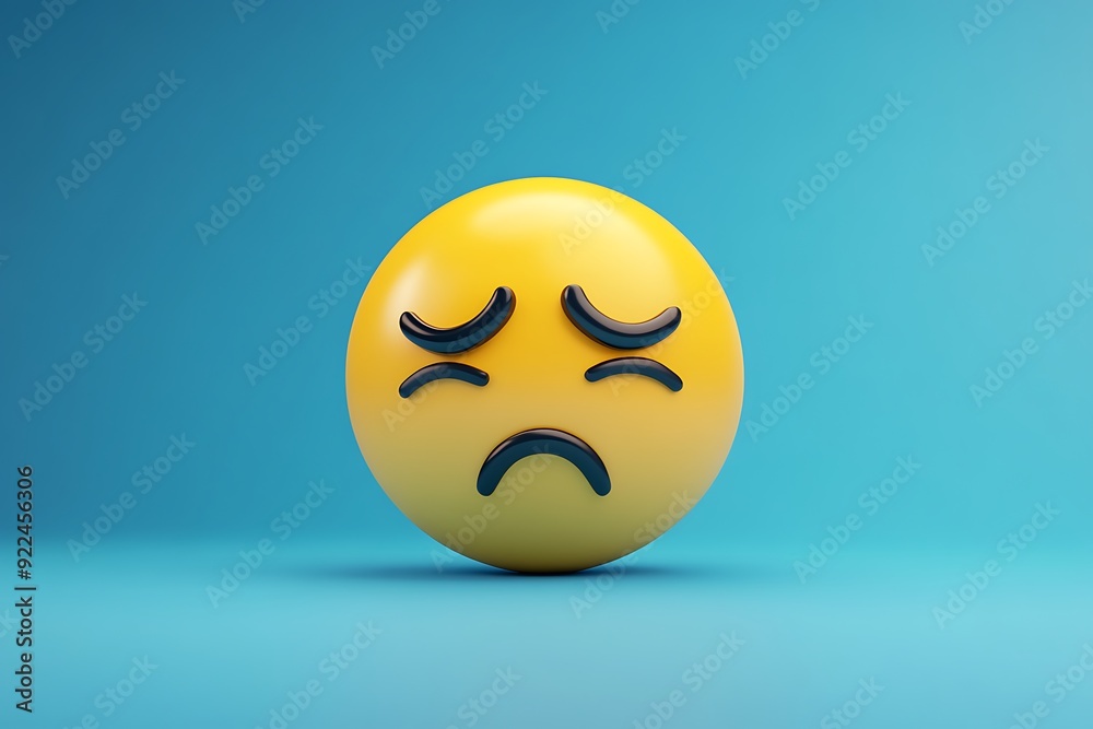 Fototapeta premium 3D Crying Eyes and Downturned Mouth Emoji on Glossy Light Blue Background - Expressive Emoticon in 3D Rendering