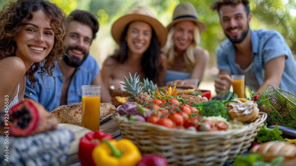 group of friends enjoying a picnic together, their meal consisting of whole grains, lean proteins, fruits and vegetables group of friends enjoying a picnic together, their meal consisting of whole grains, lean proteins, fruits and vegetables