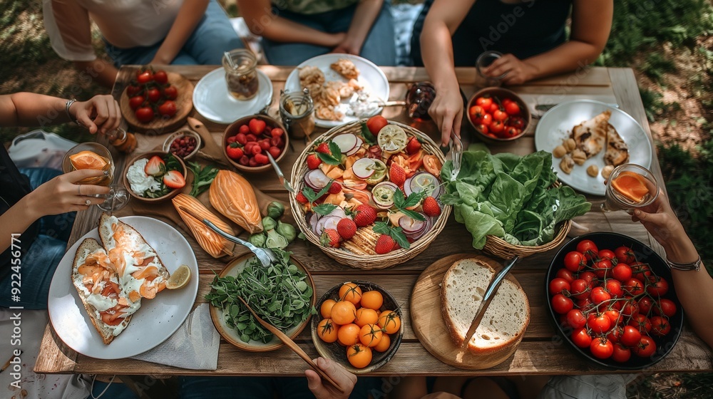 Fototapeta premium group of friends enjoying a picnic together, their meal consisting of whole grains, lean proteins, fruits and vegetables