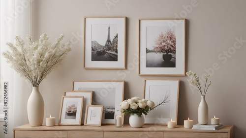 A modern living room with featuring vertical poster frames in wooden frame borders on the wall mock-up 3d illustration template.