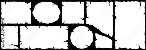 Set of jagged edge rectangle shapes. White ripped paper sheets with scratches. Grunge frame collection ideal for stickers, collages, and banners. Vector illustration isolated on a white background.