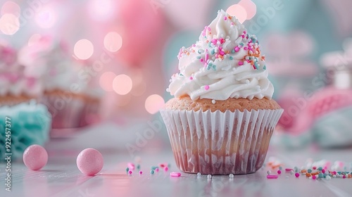   A cupcake adorned with white icing and sprinkles sits on a nearby table among its counterparts photo