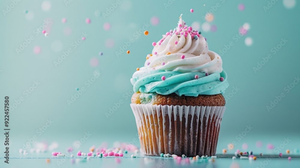   A cupcake with blue frosting, sprinkles, and pink and white confetti on a blue background