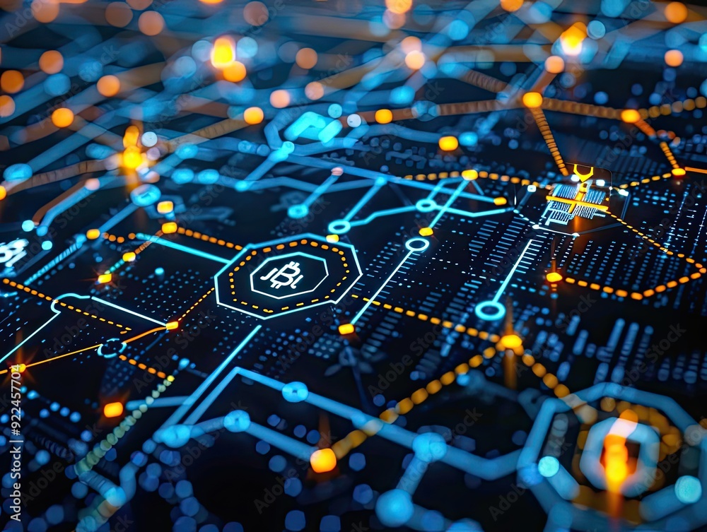 Digital interface with blockchain icons, representing the new economic framework., Digital interface with blockchain icons, representing the new economic framework.,