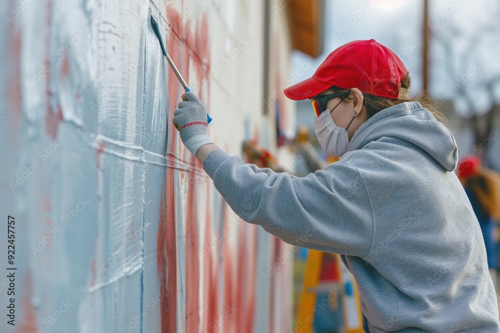 A person in a red cap and a face mask paints a wall blue.