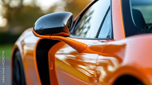 rear view mirror of a modern orange sports car.