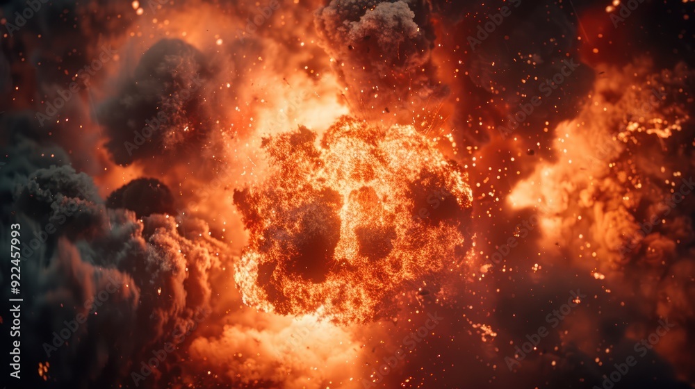 Naklejka premium Close-up of fiery explosion with smoke billowing (close up, raw energy, realistic, Silhouette, Abandoned area)