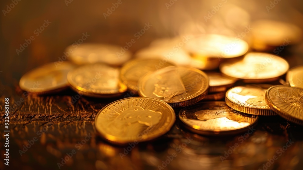 Close-up of gold coins on polished table (close up, asset value, realistic, Silhouette, Brokerage firm)