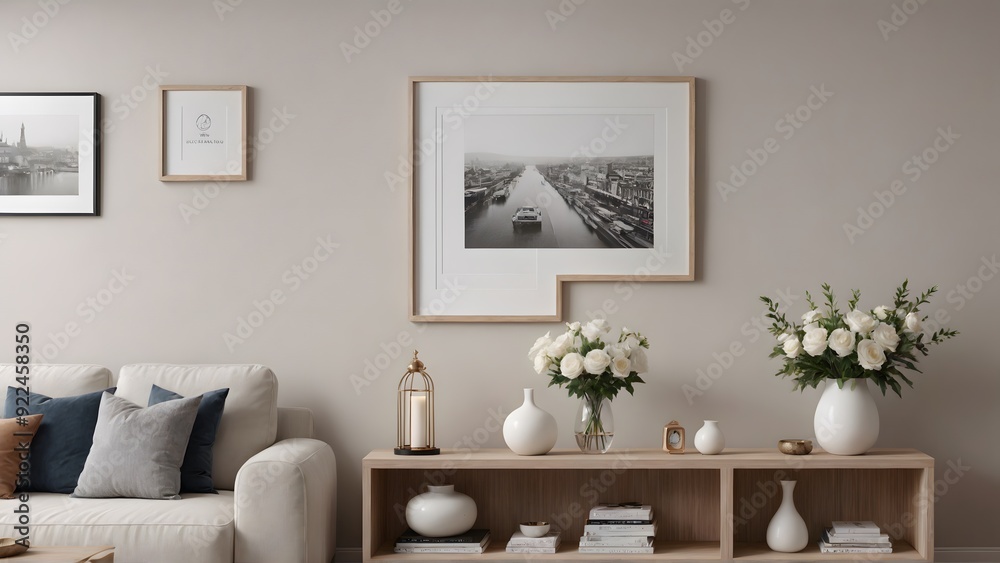 Fototapeta premium A modern living room with a sofa set and featuring vertical poster frames in wooden frame borders on the wall mock-up 3d illustration template.