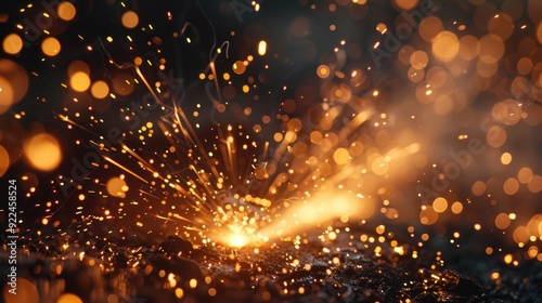 Close-up of welding torch creating sparks (close up, technical skill, realistic, Silhouette, Machine shop)