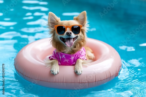 Cute Dog in Sunglasses on Inflatable Ring. photo