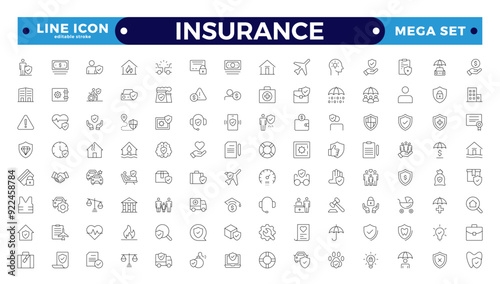 Insurance icon collection. Related to healthcare medical, life, car, home, travel insurance icons. Editable stroke outline icon. 