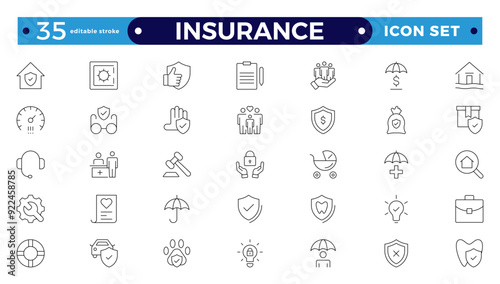 Insurance icon collection. Related to healthcare medical, life, car, home, travel insurance icons. Editable stroke outline icon. 