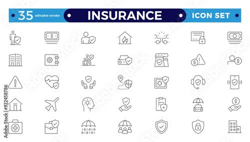 Insurance icon collection. Related to healthcare medical, life, car, home, travel insurance icons. Editable stroke outline icon. 