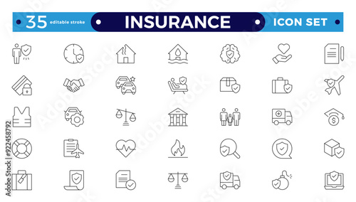 Insurance icon collection. Related to healthcare medical, life, car, home, travel insurance icons. Editable stroke outline icon. 