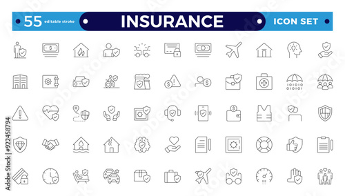 Insurance icon collection. Related to healthcare medical, life, car, home, travel insurance icons. Editable stroke outline icon. 