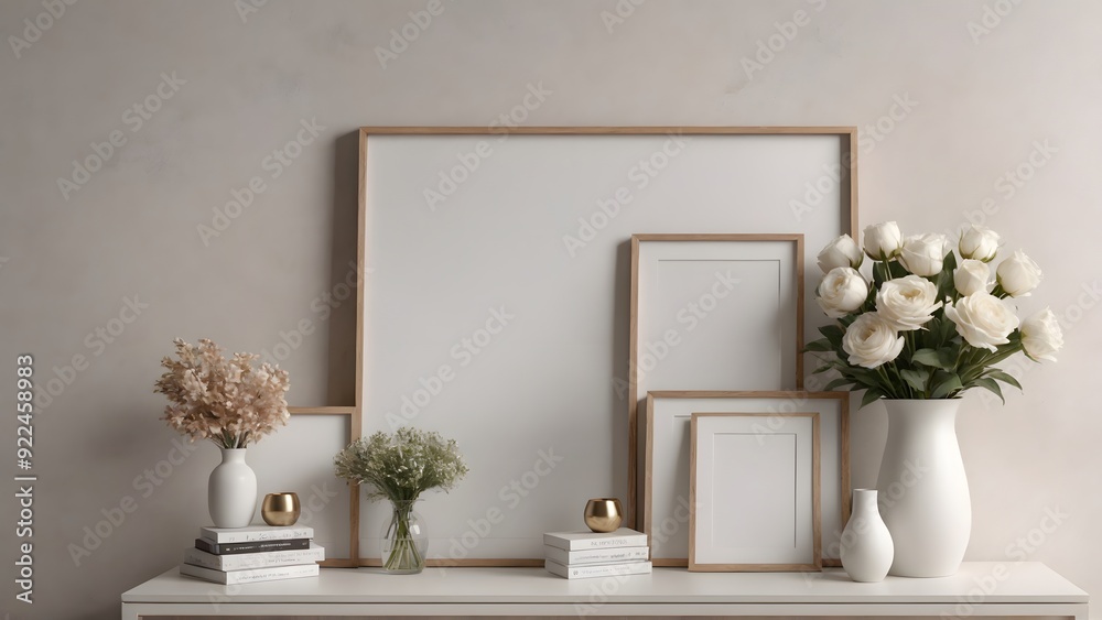 Fototapeta premium Empty photo frames on or against the wall in the Living room interior design 3d illustration template. Decorative items near around the poster frame.