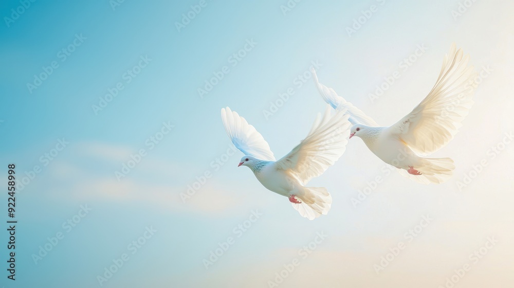 Obraz premium Graceful white doves flying together, representing the Christian symbols of peace, unity, and spiritual connection
